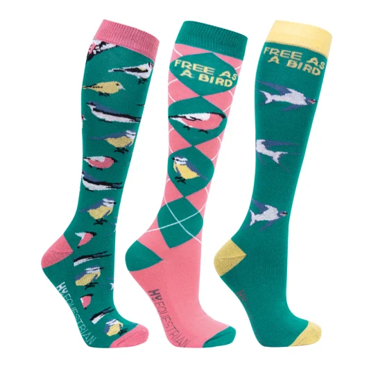 Have a spring in your step whilst wearing these gorgeous 'Free as a Bird' socks! These socks wick away moisture and have added bamboo, which is known for its antibacterial properties to keep feet feeling fresh. The padded feet will keep feet comfortable all day long. This pack of three socks features different designs - the first is repeated pattern of different bird breeds; the second is an argyle print with birds and 'Free as a Bird' slogan; the third sock features the 'Free as a Bird' slogan and flying birds on a green background.