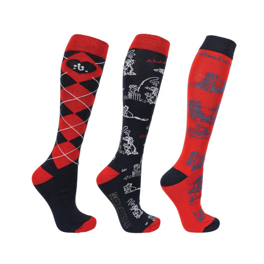 A timeless classic! These Hy Equestrian Thelwell Collection Practice Makes Perfect Socks are the must have accessory! The first sock features an argyle pattern and the ‘T’ from Thelwell in a love heart at the top, the second design is a fun Thelwell character across the entirety of the sock and the third sock features multiple, white Thelwell logos on a navy background. All pairs feature a contrasting cuffs, heel and toe. With antibacterial properties from the added bamboo and padded sole, these socks ensure comfort and freshness all day long!