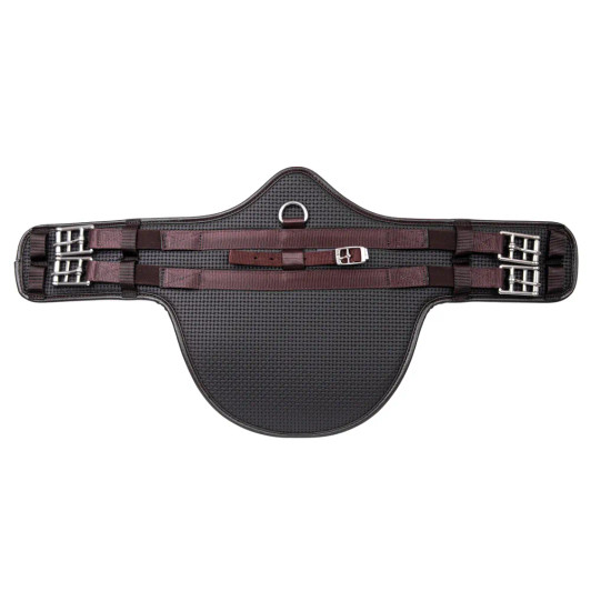 Designed for monoflap saddles, or saddles with long girth straps, the Hy Equestrian Waffle Stud Girth is specially shaped to not pinch or hinder your horse’s movement. Designed to sit in the correct position, without catching the horse behind the elbow, made from soft material with rounded edges this girth provides the ultimate in comfort. The broad belly pad provides protection, complete with a martingale attachment and ring. Stainless steel roller buckles make it easy to do up the girth but elastic at both ends prevents over tightening. Easy to wipe clean.
