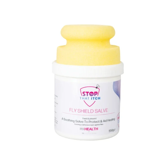 HyHEALTH STOP THAT ITCH! Fly Shield Salve is a soothing, non-staining protective cream designed to guard your horse against flies, midges, and biting insects during the warmer months. Enriched with antibacterial properties (PCMC 0.5%), this salve forms a gentle barrier on the skin, helping to deter insects while calming and supporting irritated or sensitive areas. Its smooth, easy-to-apply consistency is ideal for use on delicate regions such as the muzzle, face, ears, sheath, and tail dock. The inclusion of a circular sponge ensures quick, hygienic application with minimal waste. This effective fly shield salve provides peace of mind for horses prone to summer skin sensitivities, helping to maintain skin comfort and integrity all season long.