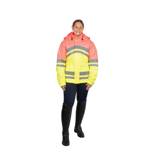 The Reflector Two Tone Coat is a high-visibility outer layer designed for riders and outdoor enthusiasts who need safety, comfort, and protection in all weather conditions. The bold design combines different coloured fluorescent fabrics for standout visibility during both daylight and low-light hours. Reflective strips are strategically placed around the body, sleeves, and back to provide full 360-degree visibility, ensuring the wearer can be seen from every angle. Made with a durable, waterproof outer, the coat offers protection against rain and wind with light padding to ensure warmth without overheating. The tailored cut allows for ease of movement and a flattering fit, making it suitable for active use on horseback or on foot. The coat includes practical features such as secure zipped pockets for carrying essentials and handy two-way zip to enhance comfort and fit.