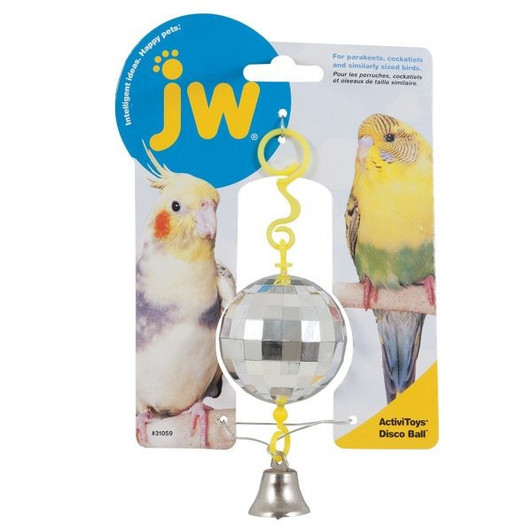 The JW Pet ActiviToy Disco Ball bird toy attracts pet birds to dance as the many mirror-like surfaces made up of tiny reflective squares catches light from all directions. Easy to securely hang from a wire cage; just curl the plastic hanger around the wire. Features a bell for pets added enjoyment and entertainment. Relieves cage boredom and engages birds motor skills. Great for cockatiels; parakeets and similarly sized birds.

Designed for the wellbeing of birds
Easy to install 
Intellectually and mentally stimulating 
Mirrored surfaces and bell provide hours of entertainment