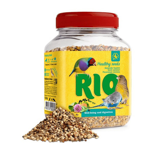 "The RIO Healthy seeds mix includes a variety of garden seeds, vegetables and field crops that greatly enrich the bird's daily diet and maintain well-being.Seeds of basil, carrots, corn salad and lettuce stimulate appetite and augment digestion. Fennel seeds and wild rocket, according to ornithologists, have a pronounced restorative effect due to the essential oils they offer. The treat is a source of natural vitamins A, C and K, macro- and microelements, like calcium, iron and magnesium.The seed mix also supports the pet birds during stressful periods like moulting, nesting and recovery after illness."