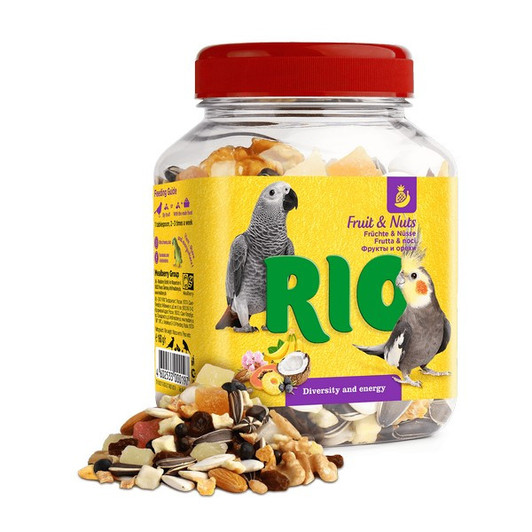 This delicious and healthy fruit and nuts mix consists of natural dried fruits, crunchy nuts, berries and seeds that are liked by parakeets and parrots. This treat is an excellent source of additional energy, vitamins, macro- and microelements and brings variety to the bird's daily diet. The individual ingredients can also be used to encourage your pet to learn new skills and build up a trusting relationship with them.