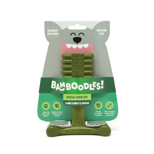 Bamboodles Dental Bones are tough. These new shapes from the Bamboodles range are suitable for all dogs, even the most aggressive of chewers. The Dental (toothbrush) Shape massages gums while the infusion of flavour keeps your dogs coming back for more. The Chew toy is tough and durable but still comes with the original bottom T allowing your dog too hold their Bamboodles with their paws and keep it stable while chewing.