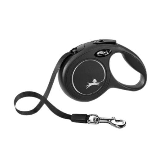 The flexi New Classic Cord Lead Small gives your dog freedom of movement when out on walks. The very generous and extremely durable lead automatically rolls back into the casing as you get closer to your dog. This long lead gives your pet plenty of leeway to run around and explore, but you are still in control of the situation. The retractable lead always stays taught, preventing it from dangling on the ground. And it is quick and easy to control the length of the lead by applying the short-stroke braking system, which functions at the touch of a button and offers you extra control when needed. There is also a permanent stop function which lets you fix the lead at a certain length.