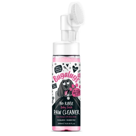 Instantly wash paws with Bugalugs No-Rinse Paw Cleaner. The foamy formulation and soft silicone bristles allow you to get into hard-to-reach areas and perform a gentle deep clean without stripping your dog’s paws of its natural oils. Packed with natural ingredients including: Indian Lotus Flower Extract, Evening Primrose Seed Extract, Panax Ginseng Root Extract, Passionflower Flower Extract which provide soothing, nourishing, and hydrating benefits to irritated, itchy or dry paws. Suitable for cats and dogs.