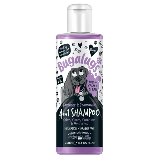 A gentle PH balanced 4 in 1 dog shampoo that calms, cleans, conditions, and moisturises. A gentle cleansing pet shampoo for dogs with a calming scent, it is perfect for removing puppy and doggy odours. The lavender dog shampoo cleanses deeply yet will not irritate the skin, leaving your dog clean, plush and smelling irresistible! This rich lathering shampoo is packed with lavender and chamomile essential oils which help to soothe irritated skin and calm anxious dogs. Suitable for puppies over 8 weeks and all coat types. Our 4 in 1 dog shampoo is vegan and made in the UK with water from the Lake District. It works well as a puppy shampoo for sensitive skin, removing dirt and grease, leaving the coat feeling soft and shiny. Can be diluted at a ratio of 10:1.