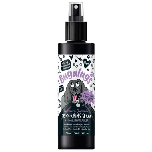 Our lavender & chamomile dog spray is infused with essential oils to help to relax and soothe irritated skin. It also contains Panthenol (Pro-vitamin B5) to provide long-lasting protection to your dog’s hair whilst deodorising and conditioning the coat. Aloe Vera extract works to nourish and soothe your dog’s skin. All combined to leave your dog looking and feeling groom fresh. Our mild lavender and chamomile dog spray is scented with popular fresh fragrance and is recommended and used by professional groomers. Provides complete ‘after-bath’ freshness leaving your dog’s coat nourished and plush. This deodorising dog spray eliminates odours quickly, is long lasting and easy to use. Just spritz and go giving you that professional salon scent. Our vegan formula is unisex and is suitable for all breeds and puppies 8 weeks and over. Made in the UK in a GMP certified factory.