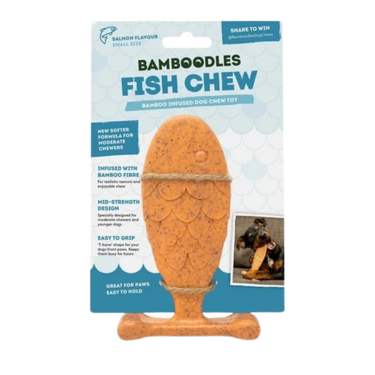 Bamboodles ‘Fish’ is made using a softer receipe but still with the bamboo infusion to create a long lasting, durable chew toy for puppies and moderate chewers. This fun new dog chew toy still have the T base for paws - suitable for all dogs, especially puppies. With and enticing Salmon scent throughout
