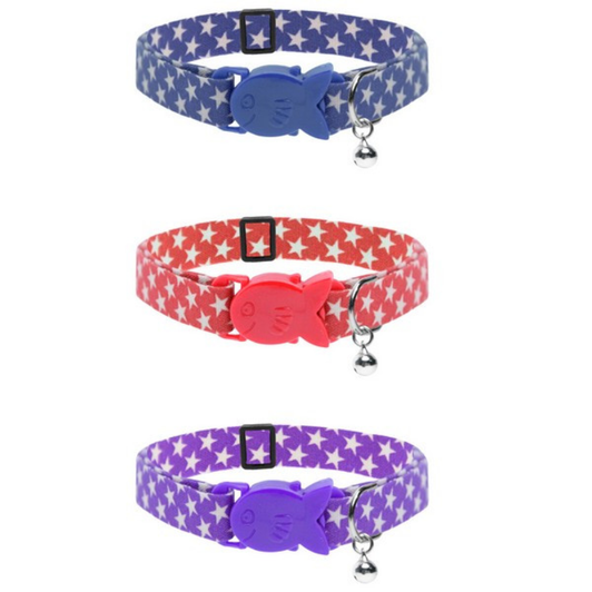 Adjustable fitting cat collar. Fish shaped safety clasp buckle with bell to alert wild birds!