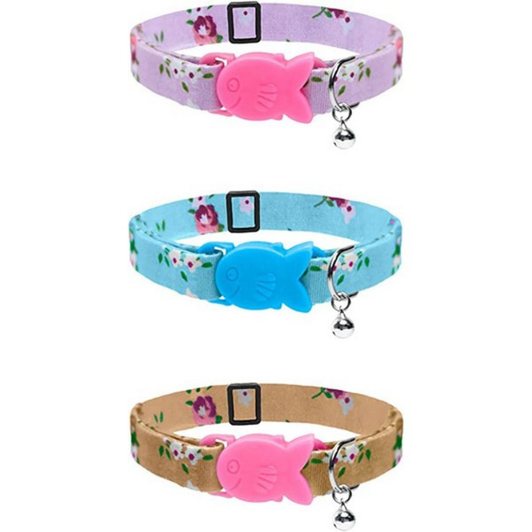 Adjustable fitting cat collar. Fish shaped safety clasp buckle with bell to alert wild birds!