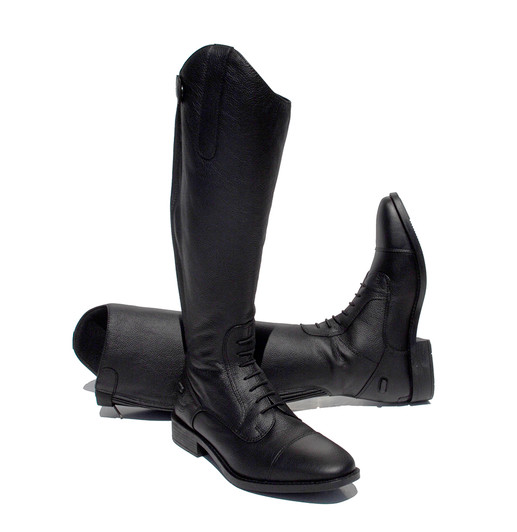 Introducing a shorter (but perfectly formed) version of the best selling Luxus Riding Boot.

Four widths, just less height!

These luxury feel boots are made in soft feel leather giving the upmost comfort to the wearer.

They feature an elasticated front lace detail and stitch detail on the toe cap. With a user friendly wider smooth feel zip pull and two pleated, elasticated leather sections at the back of the boot for a comfortable fit.

The top of the zip is finished off with an elasticated strap and plain black press stud to the side. With spur guards and a sure grip sole these boots are practical as well as gorgeous to wear.

Please Note: Due to the pre-oiled nature of this leather these boots will not need oiling and doing so will invalidate any manufacturers guarantee.Please use cleaners and conditioners designed specifically for oiled leather shoes and boots.