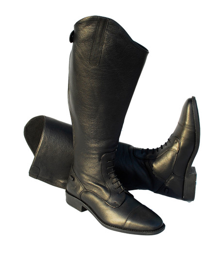 These luxury feel boots are made in soft feel leather giving the upmost comfort to the wearer.

They feature an elasticated front lace detail and stitch detail on the toe cap. With a user friendly wider smooth feel zip pull and two pleated, elasticated leather sections at the back of the boot for a comfortable fit.

The top of the zip is finished off with an elasticated strap and plain black press stud to the side. With spur guards and a sure grip sole these boots are practical as well as gorgeous to wear.

The EW Luxus is styled with a wider calf and shorter fit.

Please Note: Due to the pre-oiled nature of this leather these boots will not need oiling and doing so will invalidate any manufacturers guarantee.Please use cleaners and conditioners designed specifically for oiled leather shoes and boots.
