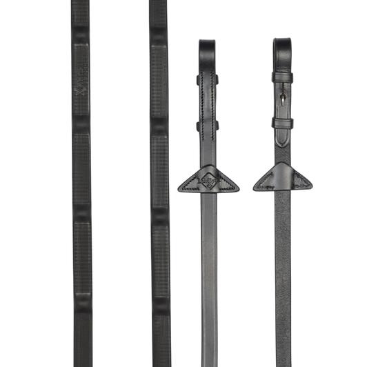These premium quality low profile rubber reins have integrated raised rubber stoppers for ultimate traction. Fine textured grippers run between the stoppers for added grip (15mm Kris polymer rubber). 

These reins have billet bit attachments and signature LeMieux stamped leather martingale stoppers.