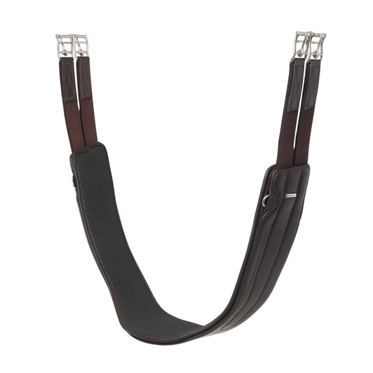 This Hunter class essential girth comes in soft, supple pre-oiled American leather with a subtle matte finish.

Contoured to give clearance around the elbows, it has a discreet custom central carabiner clip for you to easily attach training aids, such as your Hunter class standing martingale. Durable elasticated girth strap ends are finished with strong stainless steel buckles.

Supplied with a detachable non-slip liner.