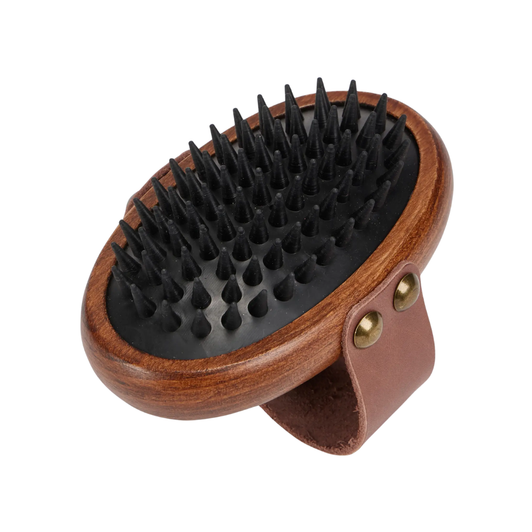 Give a deep, stimulating massage to your horse's coat with this grooming tool. Its rubber teeth are perfect for massaging and loosening dirt and dust from deep within the coat.

It comes complete with a solid wood-crafted handle with specially-placed grooves for a comfortable yet secure grip.

Gold foil embossed branding adds a beautiful finish.