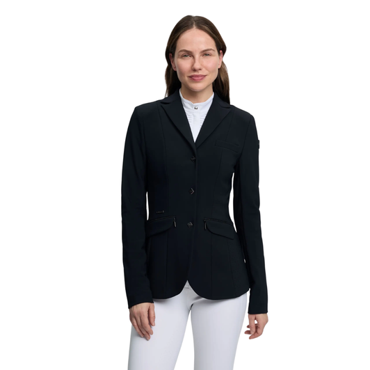 The stunning new Dynamiqué Show Jacket has been designed with your competition performance in mind.

Vented side panels and sports mesh lining to the front provide the ultimate breathability, combined with superior stretch and recovery so that the rider is unrestricted and free to move.

Subtle beaded trims on pocket edges and back belt panel add a touch of luxury sparkle and creates a flattering silhouette and stylish appearance.

Fastened with a front zip and custom LeMieux press stud for stunning practicality, this Show Jacket is a must-have for all competition riders.

'Tall' fit tailored for 175cms (5'9") and over.