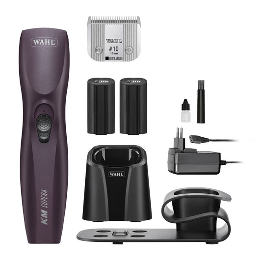 This high-end cordless clipper features a new #10 Prime Series blade that ensures constant cutting performance and a flawless finish every time. The innovative LOCKGUARD technology prevents the hinge from closing, allowing for effortless blade changes and cleaning. Weighing in with a lightweight, centre-balanced design, the KM Supera offers unparalleled comfort and control, making it ideal for prolonged use. The clipper's constant speed control automatically adjusts the motor to effortlessly cut through even the densest coats, providing versatility for all coat types on dogs and cats. Equipped with a two-speed motor that operates at 3,000 and 3,700 RPM, this clipper is designed for maximum comfort. Its quiet setting is perfect for nervous animals, while the higher speed is ideal for tackling thick fur. With unlimited runtime thanks to two replaceable batteries, each offering up to 180 minutes of use and an LED charge level indicator, you'll never be caught off guard during a grooming session. Not just a tool, but a style statement, it is engineered for continuous daily use, making clipping a pleasant and efficient task. Its durable, precision-ground cutting set and ergonomic design ensure that groomers can maintain optimal control while providing a gentle experience for their furry clients.