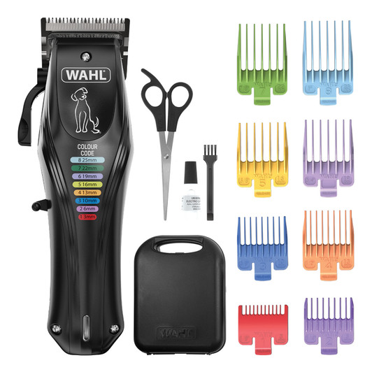 Featuring innovative coloured combs that match with the code on the clipper, it is simple to select the cutting length needed. Choose lengths between 3mm and 25mm and the addition of the adjustable tape lever, a shorter variety of cutting lengths between 0.8mm and 2.5mm. With Lithium-Ion technology, this pet clipper allows up to 120 minutest cordless run time from a three hour charge. The 15 minute quick charge with give 12 minutes continual use. Ideal for home grooming as a high performance cord/cordless clipper. It has a slim, curved handle which enables optimal grip for comfort and control. Suitable for pets with wiry, smooth to short, medium to long, and silky coats, the precision ground blade paired with the robust combs feeds hair smoothly for snag-free clipping.
