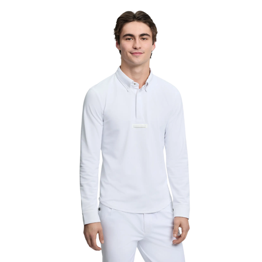 Enter the ring with confidence in this perfectly tailored competition shirt in technical sweat-wicking fabric. The traditional collar is designed to perfectly support your tie without cutting in or chafing at the neck. Functional cuffs lend comfort. All white details include a tie loop, which sits comfortably beneath the concealed fastening placket to keep things neat. Subtle branding is a marker of elevated equestrian style.