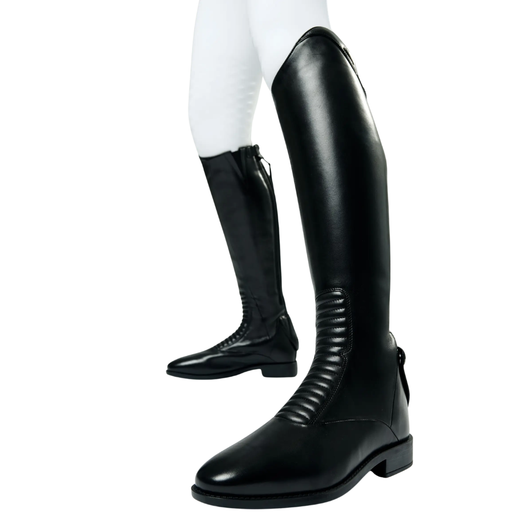 Ride in the best of footwear expertise and equestrian-led design. Each detail of these smart, streamlined and elongated profile riding boots is crafted for support and comfort.

High-grade, durable elastic calf gussets offer a close fit, with a seamless pattern quilted panel up the front for added style and comfort. The quilted design moulds itself to the flex of the foot for maximum support.

A durable YKK zip runs from the back of the heel to the top of the calf behind the knee. A concealed zip keeper and sturdy zip puller make pulling on and taking off easy. A clever neoprene-cushioned cover prevents discomfort behind the knee. An integrated spur rest is mounted on the engineered zip protector flap, giving a contemporary touch.

The X-Grip rubber sole provides non-slip traction in every weather, with a carefully designed linear tread pattern that interacts with your stirrup footplate grip, for maximum foot security in the stirrup.

Inside, the comfortable 5-density contoured ergonomic footbed provides total support and stability for the entire sole of your foot. A breathable high-grade full leather lining and heel tongue is designed to deliver all-day comfort for hardworking feet and legs.

A streamlined silhouette that offers a sleek profile, foot stability, lower leg support and all-weather grip for riders who want to achieve their best performance.