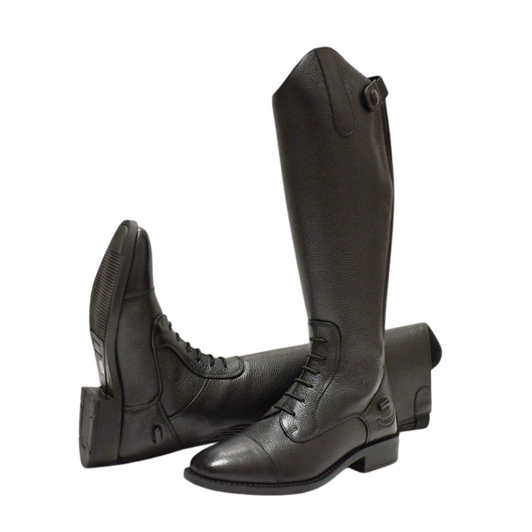 These luxury feel boots are made in soft feel leather giving the upmost comfort to the wearer. They feature an elasticated front lace and stitch detail on the toe cap. With a user friendly wider smooth feel zip pull and two pleated, elasticated leather sections at the back of the boot for a comfortable fit. The top of the zip is finished off with an elasticated strap and plain black press stud to the side. With spur guards and a sure grip sole these boots are practical as well as gorgeous to wear.
Available in wider leg.

Luxury Soft Feel Leather
No Wearing In Required
Wide Comfortable to use Zip Pull
Elasticated Leather Calf Panel