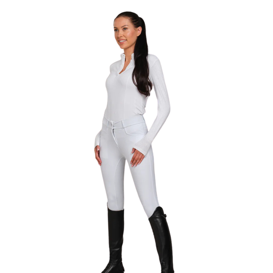 Elevate your equestrian performance with Celeste Competition Breeches. These luxurious breeches feature diamond accents and are expertly designed for optimal performance. Experience the epitome of elegance and functionality with Celeste. Ride in style and comfort with Celeste Competition Breeches.

Flattering fit, technical fabric and elegant details.
Elastic branded waistband for optimal support
Two fake pockets with buttons
Bi-stretch fabric (stretchable in both directions), breathable and wrinkle-free.
Luxury Silicone Seat for ease in the saddle