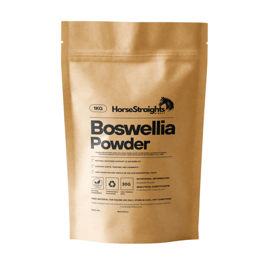 Boswellia is a natural soothing supplement known for its support of joints, tendons, ligaments, overall movement and mobility in horses, making it a valuable addition to equine diets.