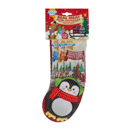 Filled with delicious treats and a fun toy, this stocking is sure to make the holiday season even more special. Contains chicken breast strips and sausages, made with 100%, high quality, real meat that is packed with flavour and protein. The squeaky toy will provide endless entertainment for your furry friend.