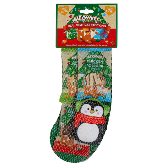 A meaty Christmas stocking for cats packed with fun and flavour containing Chicken & Cod Bites, Chicken Cookies, and Crunchy Christmas Catnip Star treats, made with real chicken and fish with no artificial colours, flavours or preservatives, plus a soft gingerbread man toy with catnip.