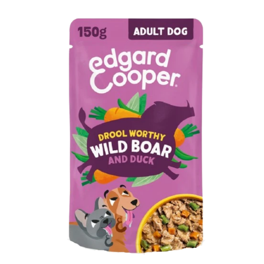 When you serve our hypoallergenic drool worthy wild boar and duck, don’t be surprised if your dog thinks you accidentally gave them your meal instead. Juicy morsels with real wild board and duck. And green beans and carrots so bright, they seem like they’re fresh off your stove. All slathered in a rich gravy that will have them salivating at first glance. Add in other natural ingredients and herbs, as well as the fact that it’s a grain–free recipe with no added sugar. Not to mention the fact that it contains beet pulp, yeast, and pea fibre to support healthy digestion, and comes in an easy–to–open pouch designed for recycling… “No really,” you should be prepared to say to your dog. “This is for you."