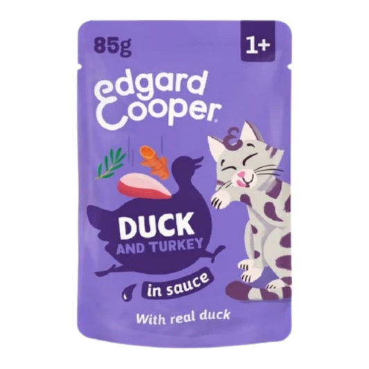 If cats could cook, they’d go all in on the gravy. Paw–lickingly delicious gravy. Then they’d use a hypoallergenic recipe with real, delicious duck, tasty turkey, and other natural ingredients. They’d blend in tummy–loving prebiotics and gentle fibres because cats are smart like that. Cats who cook would also include salmon oil because they like how it makes their skin and fur look, plus just enough herbs to help support their immune system. They’d pack it all into an easy–to–open, easy–to–serve recyclable pouch to avoid delays when they’re really hungry. And if you ever suggested they add grains or sugar, or use artificial colours or flavours, they’d give you that look which makes you realise they want you out of their kitchen now.