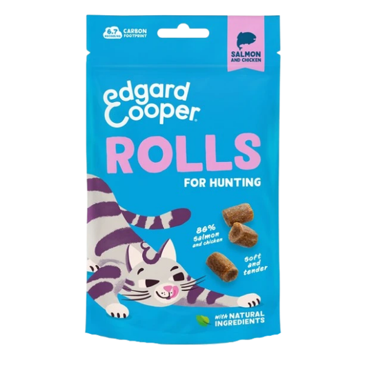 Turn treat time into a thrilling hunting adventure with our irresistible, meaty Soft Rolls. Toss, roll and watch the chase unfold, satisfying your cat's natural instinct to hunt. Or use them as a tasty reward after play sessions, keeping them active and engaged. These high in meat treats contain 86% salmon and chicken and are packed with protein to fuel their every pounce. All made with natural ingredients and without grains or added sugar. So, let your cat unleash their inner tiger as they chase, pounce, and savour each bite. And be thankful it’s the Rolls they’re after, not your feet. Ideal for cats over 6 months old.