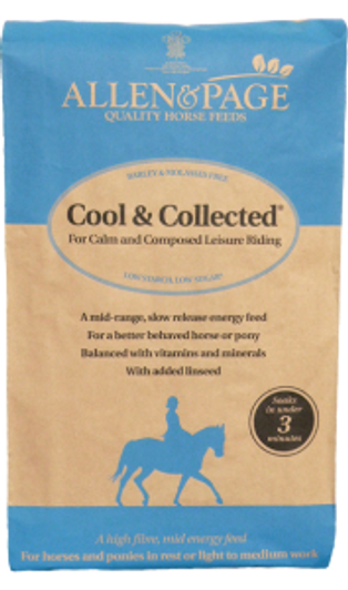 Cool & Collected has been specially formulated for horses and ponies at rest or in light to medium work. It is high in fibre and low in starch and sugar, making it ideal for horses and ponies that tend to become fizzy on traditional mid-range energy feeds.  Being fibre and oil based, Cool & Collected provides slow release, stamina giving energy. Cool & Collected is particularly beneficial anywhere you need a calm and composed horse or pony. During our trials of Cool & Collected, we had some fantastic results with regard to behaviour; horses fed Cool & Collected showed much less unwanted behaviours such as spookiness, fizzy behaviour and windsucking, compared to when the same horses were fed a medium starch feed.