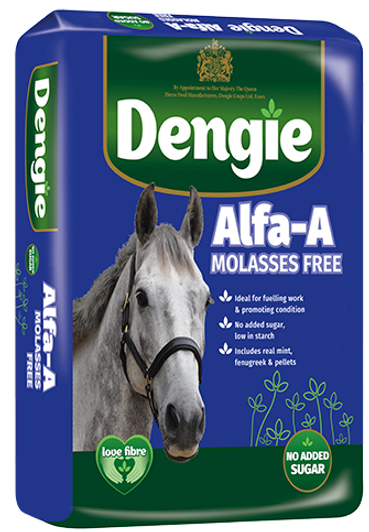 The perfect pure alfalfa fibre feed for fuelling work or promoting condition in horses and ponies that are prone to laminitis. Naturally low in sugar and starch, Alfa-A Molasses Free contains no added sugar, is molasses and preservative free.

Alfa-A Molasses Free is suitable for horses and ponies that require a low sugar and starch ration such as those prone to laminitis or muscle problems. It contains real mint, fenugreek and alfalfa pellets for interest and taste.