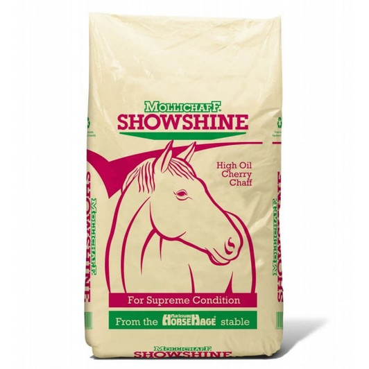 A high oil chaff for ultimate show condition, suitable for all horses and ponies. MolliChaff ShowShine is a cherry flavour chaff which provides a delicious taste and smell making it highly palatable to even the fussiest of feeders. Made from the highest quality oat straw and is chopped and dust extracted, this chaff contains a unique coating combining high levels of soya oil with a light coating of molasses, giving added condition and a bloom to the coat. Naturally high in fibre showShine contains added limestone to provide additional calcium for strong bones and healthy growth.

Bag Size- 12KG