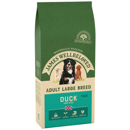 Naturally healthy, this dog food is suitable for dogs who require a hypo-allergenic food, this can be good to soothe skin irritation and to stop loose digestion. 

Included in their formular The Wellbeloved Adult Large Breed Duck contains a special mix of chondroitin, glucosamine and herbs to help lubricate dog's joints and ligaments, aiding mobility, along with oats for energy. Delicious and crunchy, smothered in duck gravy this food is British made for freshness and quality.

The Large breed food contain a larger kibble ideal for a 'Big Bite'. Since the food contains no soya, it does not swell up when wetted inside your dog's stomach, unlike many other dry foods. For better dental and oral hygiene, either feed dry or wet without leaving the food to soak. For more tender teeth or gums, soak the kibble until soft before feeding.

Bag Size 15KG