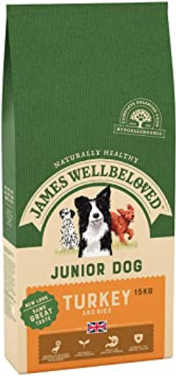 Naturally healthy, this dog food is suitable for dogs who require a hypo-allergenic food, this can be good to soothe skin irritation and to stop loose digestion.

Included in their formular The Wellbeloved Junior Large Breed turkey contains a special mix of chondroitin, glucosamine and herbs to help lubricate dog's joints and ligaments, aiding mobility, along with oats for energy. Delicious and crunchy, smothered in turkey gravy this food is British made for freshness and quality.

Since the food contains no soya, it does not swell up when wetted inside your dog's stomach, unlike many other dry foods. For better dental and oral hygiene, either feed dry or wet without leaving the food to soak. For more tender teeth or gums, soak the kibble until soft before feeding.