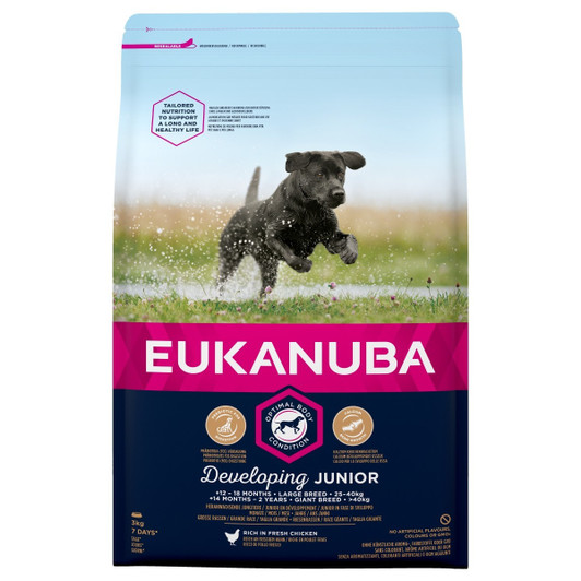 Developing Junior recipe is tailored to support optimal body condition and support healthy growth and development. Suitable for large breed dogs between 12 and 18 months old and giant breed dogs between 14 and 24 months old.

Mae up of large kibble that is rich in fresh chicken and has been specially tailored to suit the needs of large breed dogs. Plus, its unique hexagonal shape also helps to take care of your dog's teeth.

Developed by nutritionists, approved by vets and recommended by top breeders, EUKANUBA provides all the nutrition your dog needs for a long and healthy life.