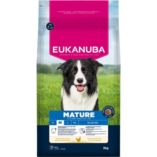 This EUKANUBA dry food for mature dogs, rich in fresh chicken, is 100% complete and balanced and perfect for small breeds aged from 8 to 11 years