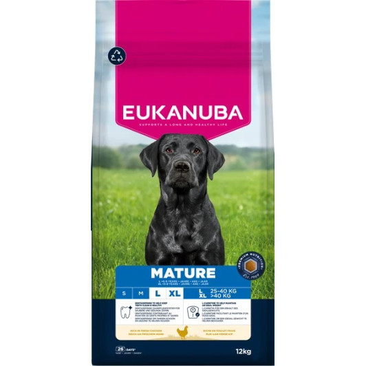 This EUKANUBA dry food for mature dogs, rich in fresh chicken, is 100% complete and balanced and perfect for large breeds aged from 6 to 9 years (or 5 - 8 years for giant breeds).