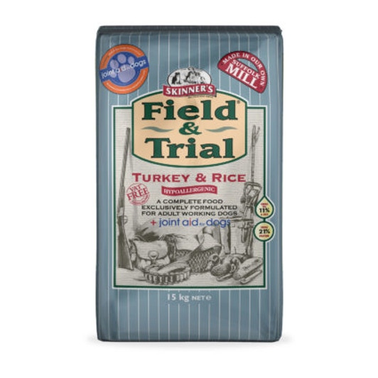 Skinner’s Field & Trial Turkey and Rice is a complete dog food, specially developed and formulated to support active dogs who are regularly working at a moderate activity intensity and who might benefit from additional nutrients to support joint health. Skinner’s Field & Trial Turkey and Rice has been carefully developed with a protein level of 21% and a fat level of 11% to support the energetic requirements of a range of active dogs, such as working gundogs, agility dogs and active pet dogs.

Skinner’s Turkey and Rice also includes Joint Aid, a supplement that provides a range of nutrients to support joint health. Skinner’s Field & Trial Turkey and Rice is an ideal dietary choice to support the day-to-day requirements of active dogs as well as providing additional nutrients that may help to support joint health and integrity.