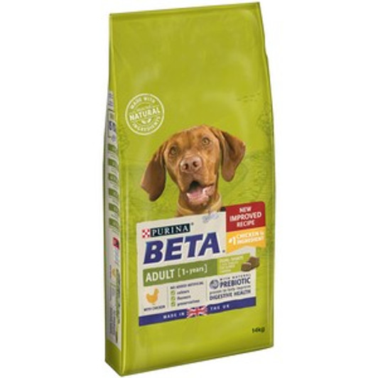 Being a Real Dog means running, jumping, chasing, and living a live unleashed. So he needs a food that can properly fuel his natural enthusiasm for life.

That is why Purina BETA tailored nutrition for adult dogs includes essential vitamin and minerals to support healthy bones, and high levels of protein and fat to support muscle maintenance. It is also formulated with selected natural ingredients and natural prebiotics to support digestive health - whilst also helping to keep your adventurous dog feeling great all day long!

And all this without including any added artificial colours, flavours and preservatives.