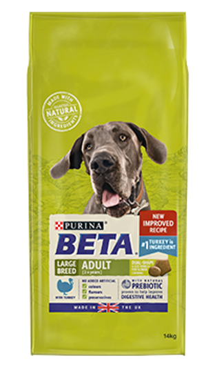 Being a Real Dog for large breeds means running around and chasing for some, and protecting and guarding for others. Either way - they need a food that can properly fuel their natural enthusiasm for life. That is why Purina BETA tailored nutrition for large breed adult dogs includes essential amino acids to support vital organ functions including the heart, and omega 3 fatty acids to support healthy joints. It is also formulated with selected natural ingredients and natural prebiotics to support digestive health which also helps them to be at their best!

And all this without including any added artificial colours, flavours or preservatives.