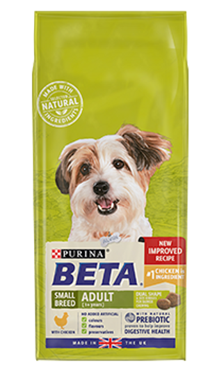 Purina BETA Small Breed Adult (1+ years) with Chicken is tailored nutrition for small breeds adult dogs includes essential vitamins and minerals to support strong bones.