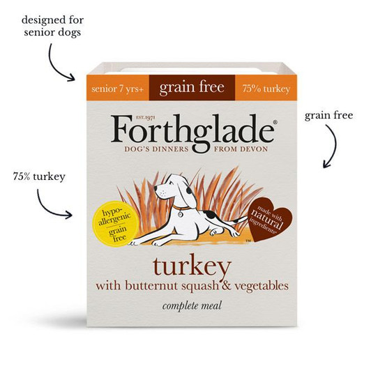 Naturally delicious, our nutritionally balanced grain free turkey recipe is free from junk & fillers, easy to digest and contains everything your dog needs to thrive. - and our senior recipe contains additional glucosamine & chondroitin to support joint health.