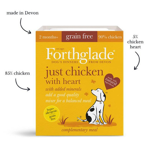 Forthglade have added nutrient-packed heart to this variation of our classic just chicken recipe to provide your dog with a naturally delicious, healthy & easy to digest complimentary wet food. Made using the simple ingredients (just chicken & heart) and gently steamed to retain the natural goodness of the ingredients - your four-legged friend is sure to give this recipe a paw of approval.