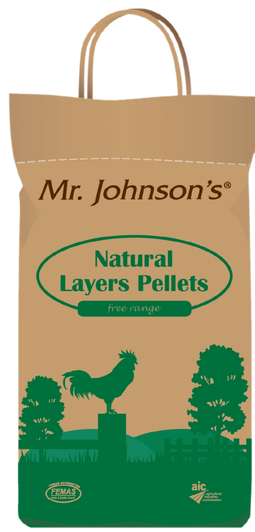 Mr Johnson’s Layers Pellets are a natural, balanced and nutritious diet to help keep your poultry healthy and productive, made from only natural ingredients. Suitable for poultry from 8 weeks old.

Mr Johnson’s Layers pellets should be fed in a quantity that the fowl will consume within one hour or so of being fed. (This is a guide only.)

Mr Johnson’s Layers pellets can be fed from a seed hopper, trough or bowl ensuring any container is washed and disinfected  regularly to avoid infection.

Bag Size 5kg