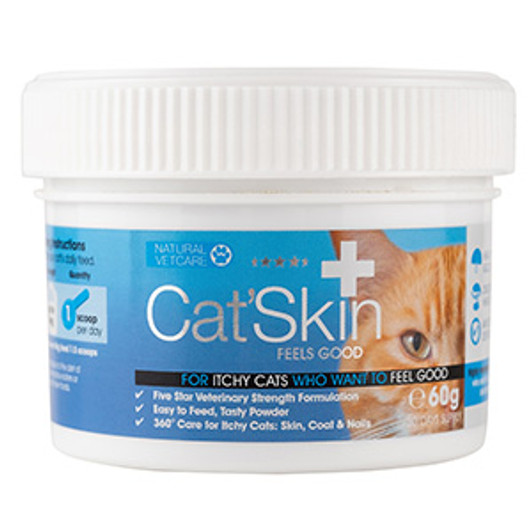 A blend of omega 3 and 6 essential fatty acids, skin nutrients and antioxidants provide complete skin and coat support at the same time as aiding immunity and digestive health. Helping your cat's skin to return to a natural healthy itch-free state.

Replenish the Skin Barrier - Optimum levels of omega oils and sea algae extract help the skin to defend against environmental allergens and pathogens.

Nourish the Skin, Coat and Nails - A broad spectrum of vitamins and minerals support healthy hair, skin and nail growth and repair.

Antioxidant Defence - Cat'Skin provides natural antioxidants to neutralise the toxins associated with allergy.

Digestive Support - The gut's immune response is balanced by plant extracts and nutrients.
